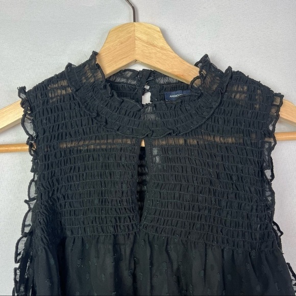 American Eagle AEO Black High Neck Swiss Dot Cold Shoulder Long Sleeve Blouse M - Picture 3 of 5